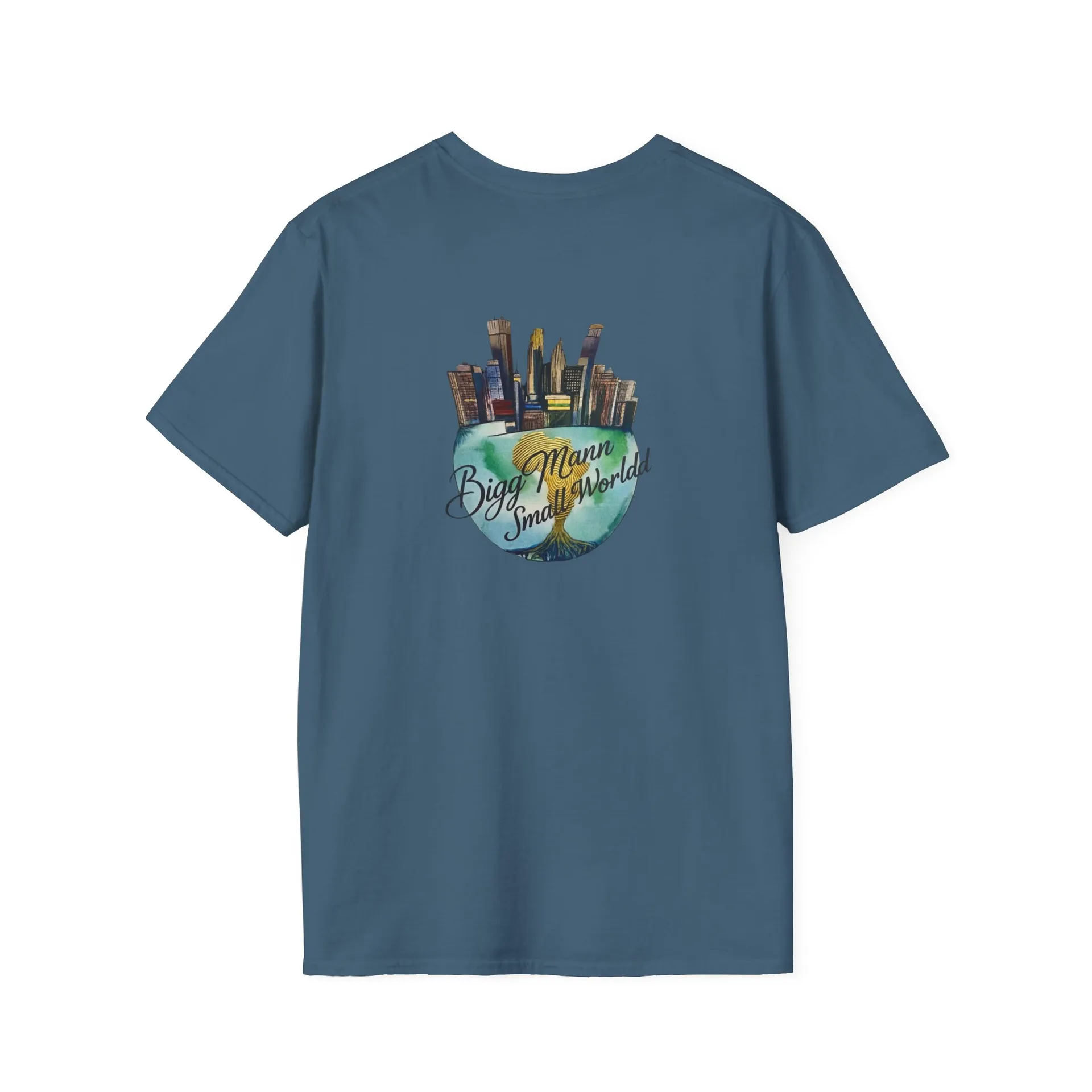 Back mockup of the updated blue BiggMannSmallWorldd graphic tee