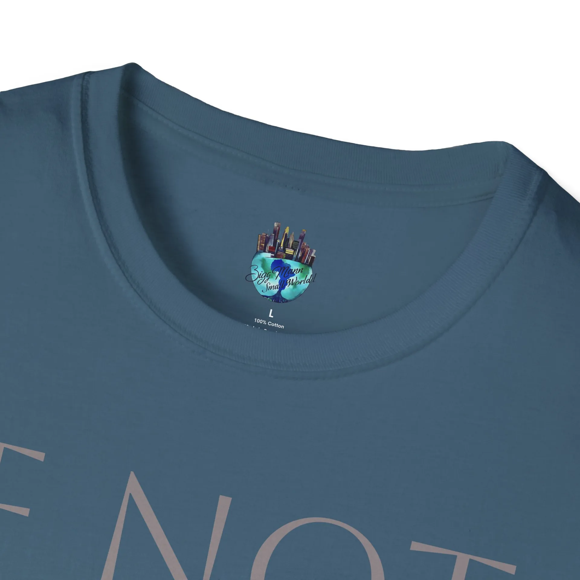 Collar close-up of the updated blue BiggMannSmallWorldd graphic tee