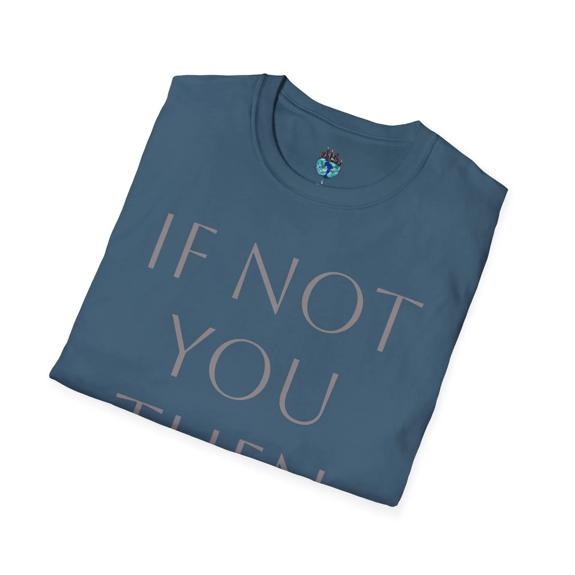 Folded mockup of the updated blue BiggMannSmallWorldd graphic tee